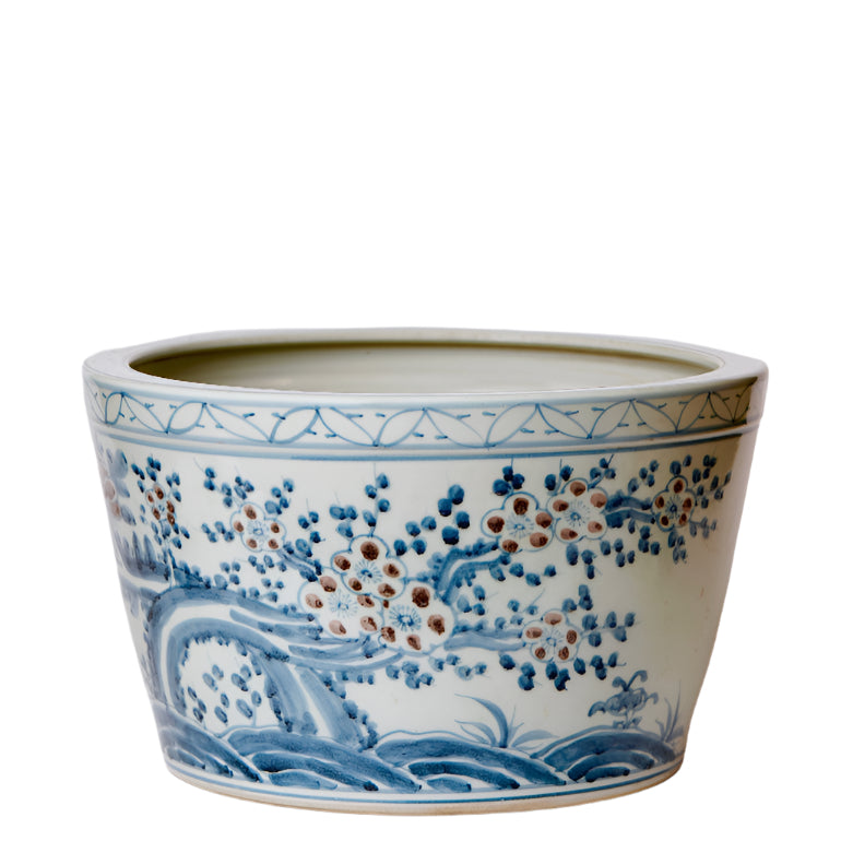 Chinoiserie Floral Blue & Red Porcelain Large Planter