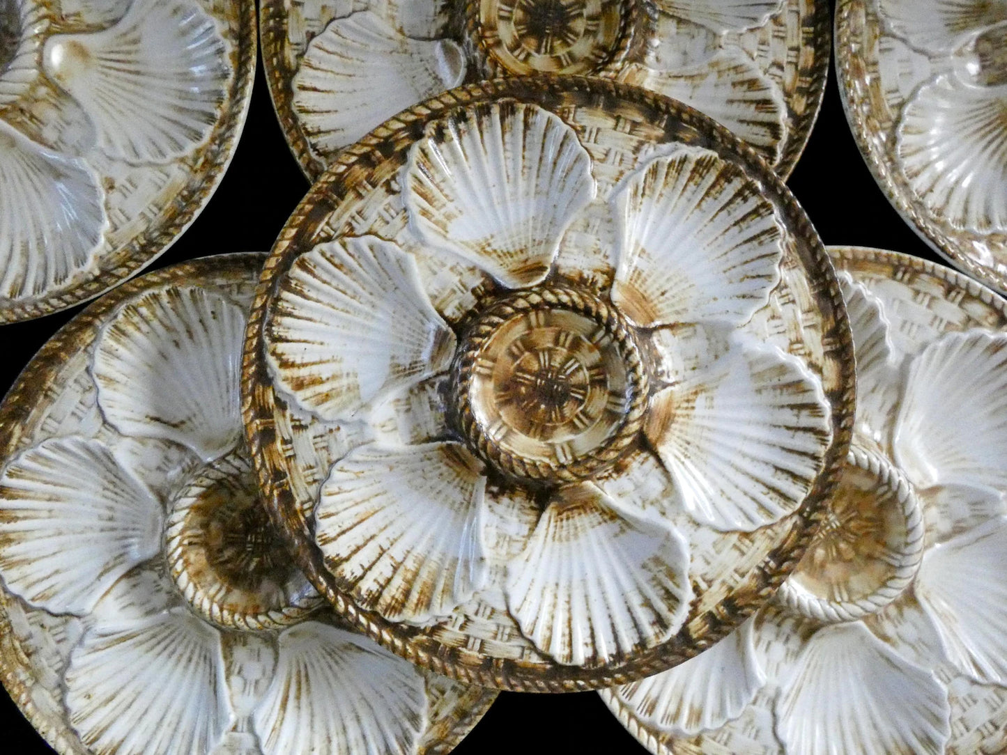 Vintage French Longchamp Oyster Plates in Rare Brown and White