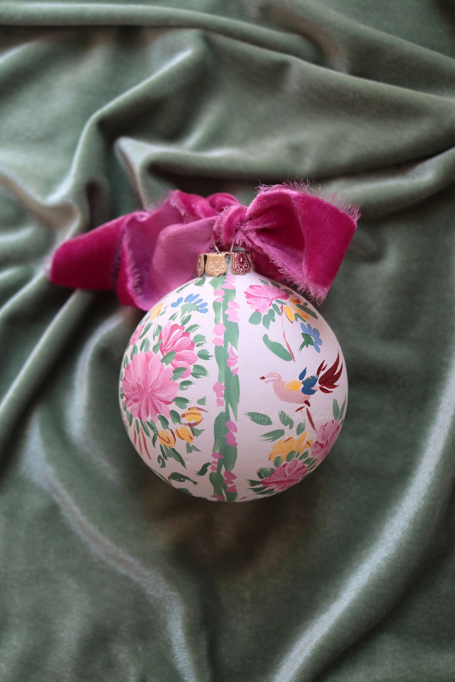 Hand-painted ornament, chinoiserie bird Rose Canton