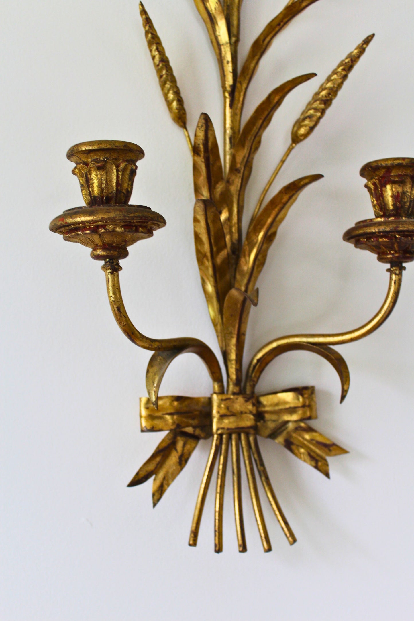 Pair of Vintage Italian Gilt Tole Florentine Sheaf of Wheat Sconces