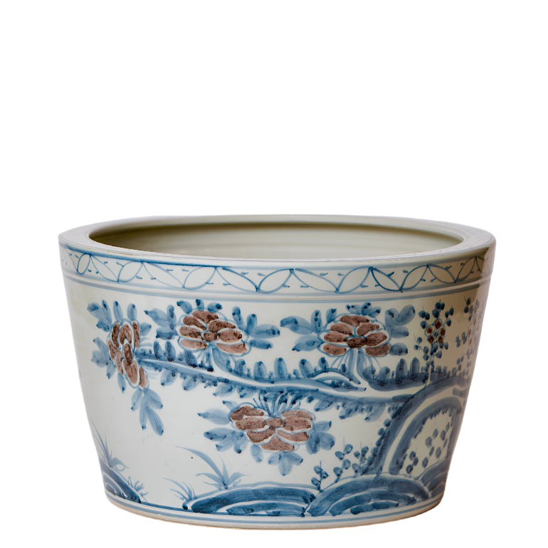 Chinoiserie Floral Blue & Red Porcelain Large Planter