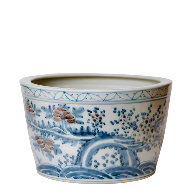 Chinoiserie Floral Blue & Red Porcelain Large Planter