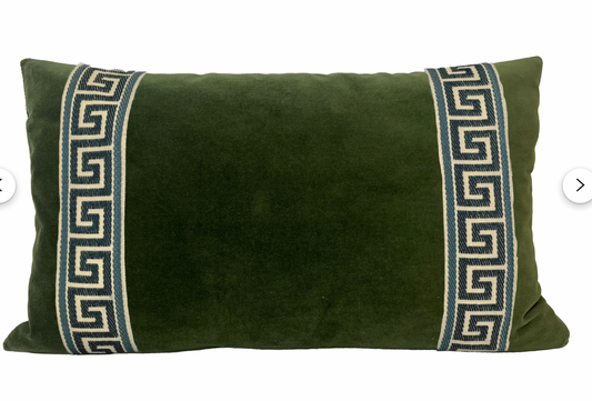 Green Velvet Lumbar Pillow Cover with Greek Key Trim
