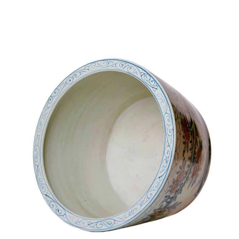 Chinoiserie Floral Blue & Red Porcelain Large Planter
