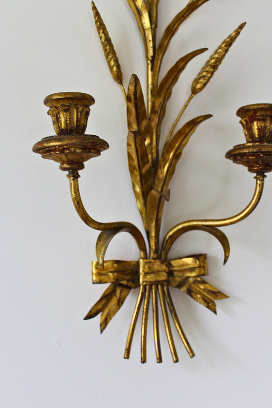 Pair of Vintage Italian Gilt Tole Florentine Sheaf of Wheat Sconces
