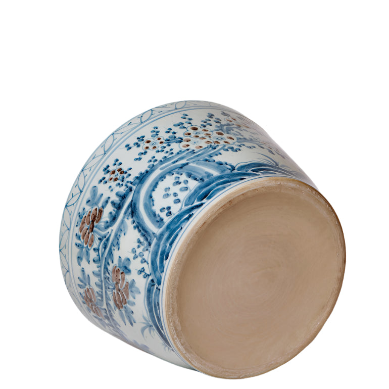 Chinoiserie Floral Blue & Red Porcelain Large Planter