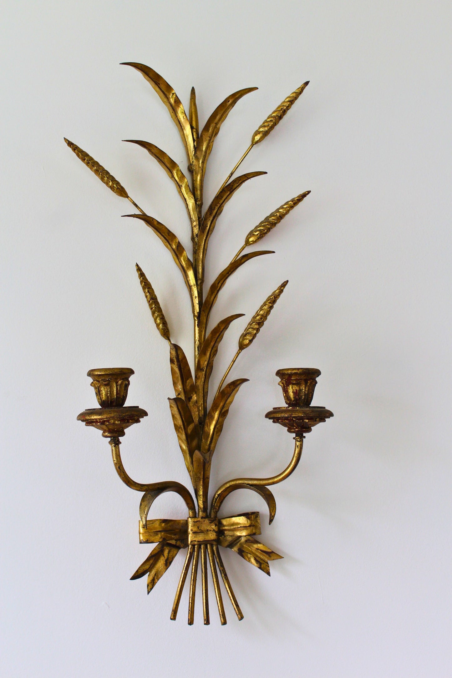Pair of Vintage Italian Gilt Tole Florentine Sheaf of Wheat Sconces