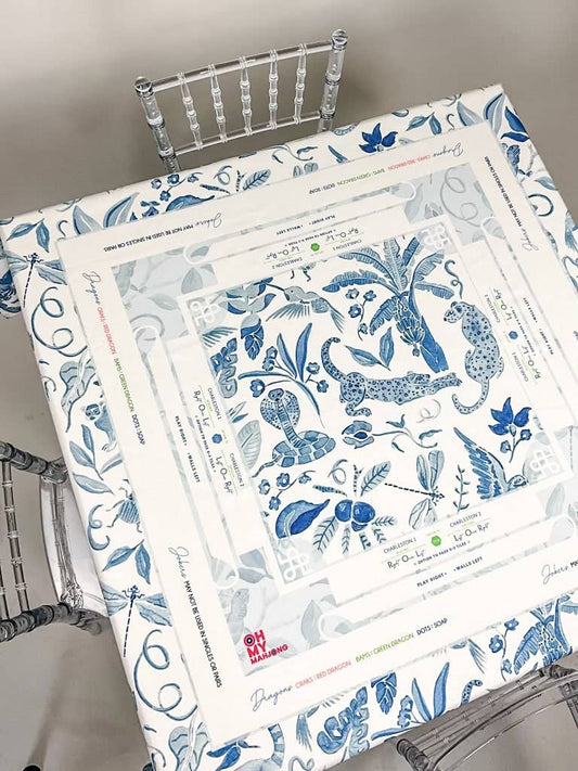 Blue Watercolor Instructional Mahjong Tablecloth